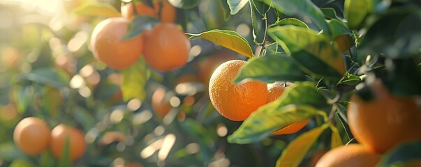 Poster - Sunlit oranges growing on a tree in a lush orchard