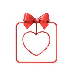 Poster - Red love like gift box frame display mockup showcase or present frame border stand with hanging red love heart sign isolated on white background with shadow minimal creative idea concepts 3D rendering