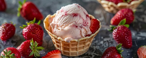 Poster - Waffle bowl is holding pink strawberry ice cream and a fresh strawberry on a table with more strawberries in the background