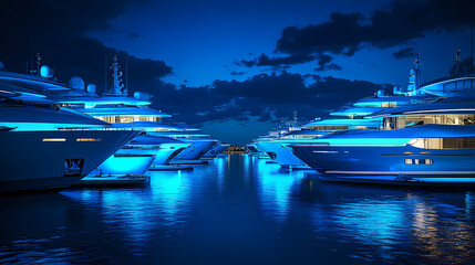 Wall Mural - luxury yachts docked in a marina at night, glowing with blue light. dream haven. illustration