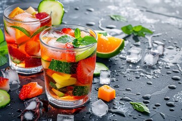 Fototapete - Two glasses of summer cocktail surrounded by ice cubes and fresh fruits on a dark background