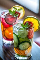 Poster - Two cocktails are sitting on a bar, filled with ice, mint, cucumber, orange, lemon and strawberry slices