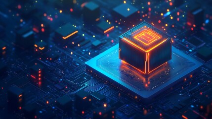Poster - brightly glowing ai chip on light circuit board on technology blue background. cpu processor or semi