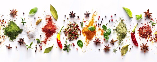 Aufkleber - Vibrant spices and herbs arranged in an eye-catching row against a white backdrop