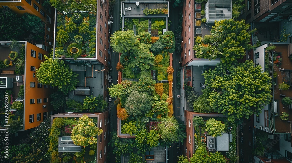 Photo Stock Overhead view of green urban courtyards, eco-friendly city ...