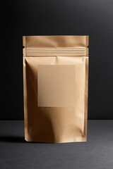Poster - Brown paper pouch bag packaging with empty label standing up on black background