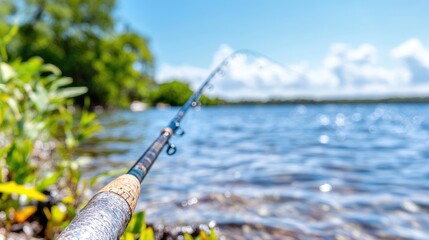 Fishing rod by tranquil lake, sunny day, lush vegetation