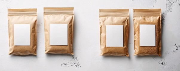 Poster - Four brown paper pouches with blank labels displaying food packaging mockup