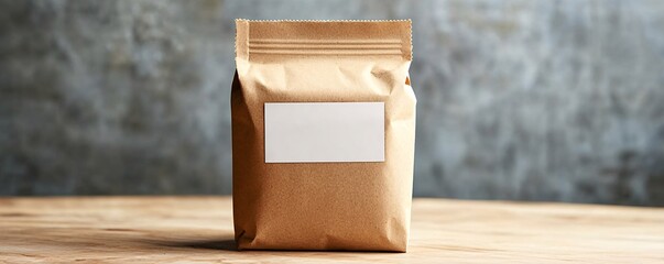 Poster - Blank paper bag standing on wooden table against grey background