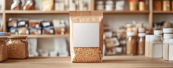 Poster - Paper bag of healthy grains standing in zero waste shop