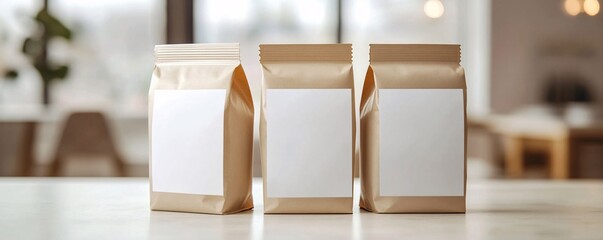 Poster - Three blank paper bags standing on white table