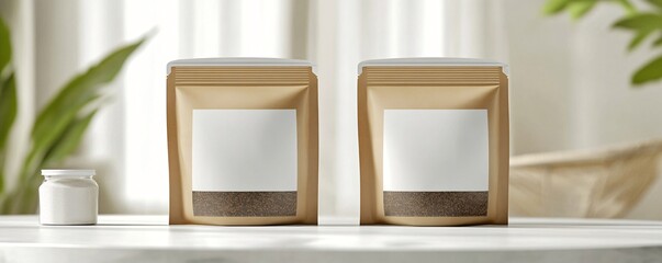 Poster - Two kraft paper pouches standing on white table with blank labels for branding