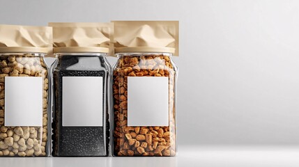 Poster - Three glass jars containing food are displaying a blank white label for branding mockup
