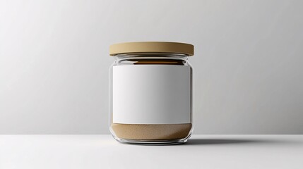 Poster - Glass jar with blank label containing brown powder is standing on white surface