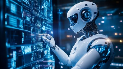 Poster - robot cybernetic organism works with a virtual hud interface in augmented reality. humanoid robot wi