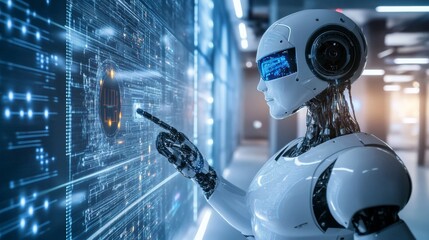 Poster - robot cybernetic organism works with a virtual hud interface in augmented reality. humanoid robot wi