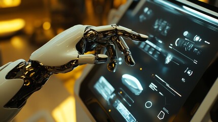 Poster - The robot mechanical arm or hand presses the index finger on the button a virtual holographic interface HUD on touch screen. Artificial Intelligence futuristic design concept.