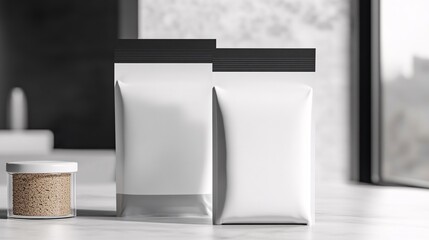 Poster - Two white blank doypack pouches standing mockup on kitchen countertop
