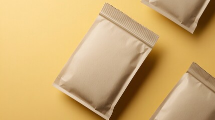 Poster - Three kraft paper pouches lying on yellow background