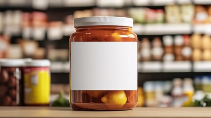 Aufkleber - Glass jar with blank label and pickled lemons in supermarket with food on background