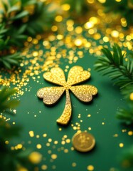 Wall Mural - Glittering four-leaf clover with gold accents on green background