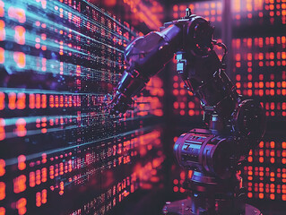 Poster - Cyberpunkstyle robotic arm interacting with a digital data stream.  Perfect for illustrating AI, automation, technology, future concepts, and data processing.