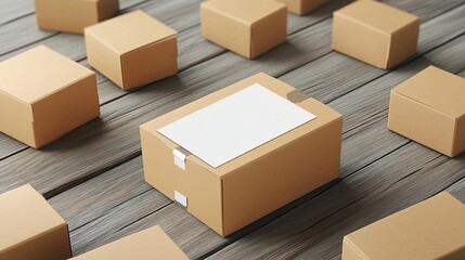Aufkleber - Cardboard box with blank label standing out from the crowd on wooden floor