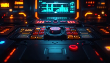 Poster - Futuristic control panel with neon lights and digital display in high-tech environment
