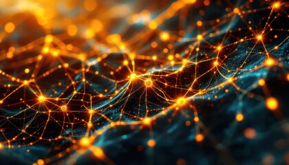 Fototapete - Abstract network of glowing orange and blue neural connections in a digital landscape