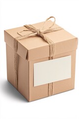 Poster - Closed brown cardboard box with blank label and twine bow for gift or shipping