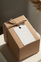 Poster - Cardboard box is tied with twine with a blank gift tag resting on top