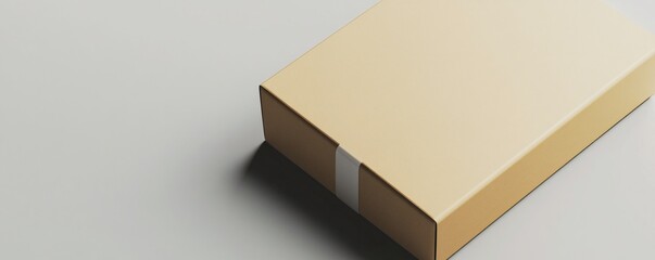 Poster - Closed rectangular cardboard box with white label lying on white background