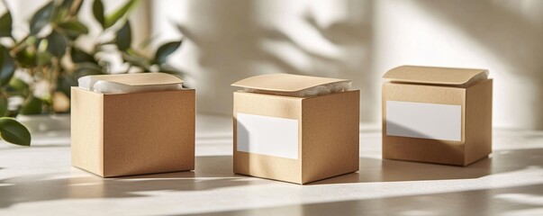 Poster - Three cardboard boxes with white labels are standing on white table near window