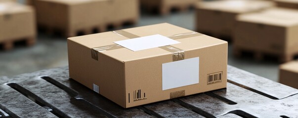 Poster - Cardboard parcel standing on metal table in warehouse