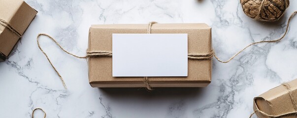Poster - Gift boxes wrapped in brown paper are lying on marble table
