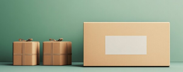 Aufkleber - Large cardboard box with blank label beside two wrapped gift boxes on green background