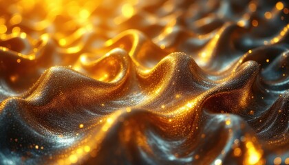 Poster - Golden waves of sparkling fabric with shimmering surface in vibrant light