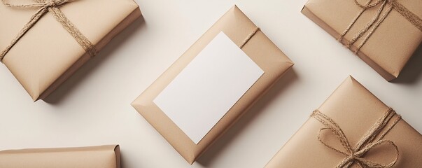 Poster - Gift boxes wrapped in kraft paper are lying on white background