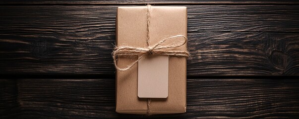 Poster - Gift box wrapped in brown paper is lying on a rustic wooden background