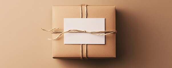 Poster - Brown paper gift box tied with string with blank gift tag