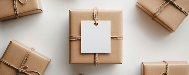 Poster - Gift boxes wrapped in kraft paper are lying on white background
