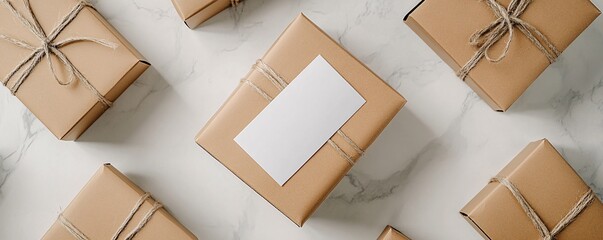 Poster - Gift boxes wrapped in brown paper are lying on white marble, one with blank card