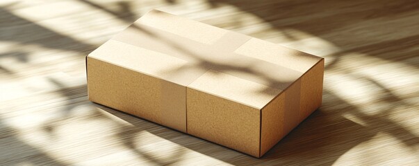 Aufkleber - Cardboard box sitting on wooden floor with sunlight casting shadows
