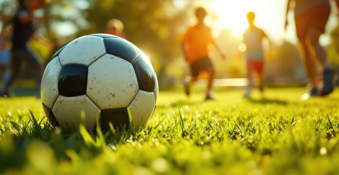 Close-up of soccer ball on grass with kids playing in background