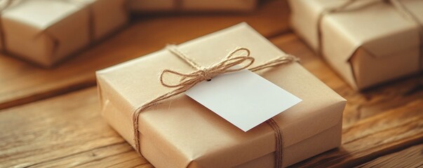 Poster - Gift box wrapped in kraft paper waiting for its owner on wooden table