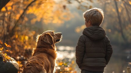 Poster - A young boy stands quietly beside his golden retriever in a serene autumn landscape, surrounded by vibrant orange and yellow leaves as sunlight filters through the trees.