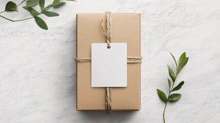 Poster - Gift box wrapped in brown paper is lying on marble table with green leaves decoration