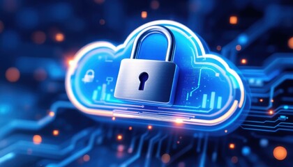 Poster - Cybersecurity concept: digital cloud with lock symbolizing data protection