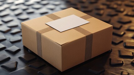 Aufkleber - Cardboard parcel with blank label is sitting on metal floor