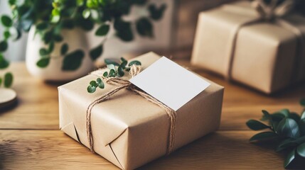 Poster - Gift wrapped in brown paper lying on wooden table is waiting to be opened